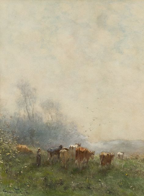Jan Vrolijk | Shepherdess with her flock in the early morning haze, watercolour on paper, 53.5 x 39.4 cm, signed l.l.