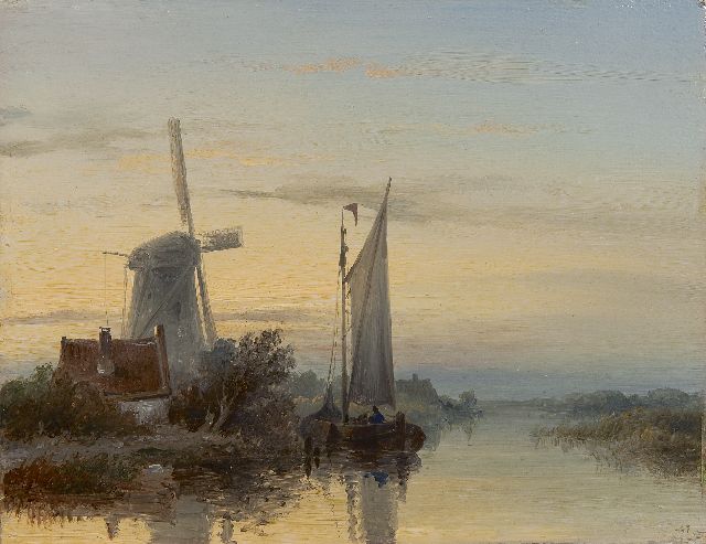 Johannes Hilverdink | Moored boats near a mill, oil on panel, 17.3 x 22.2 cm, signed l.r. remains of signature