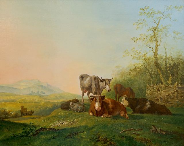 Bruno van Straaten | Cows and sheep near a fence, oil on panel, 29.7 x 36.9 cm, signed l.r.