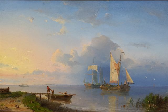 Pieter Cornelis  Dommershuijzen | A river landscape with sailing vessels at sunrise, oil on panel, 22.0 x 32.6 cm, signed l.l. with initials and dated '54