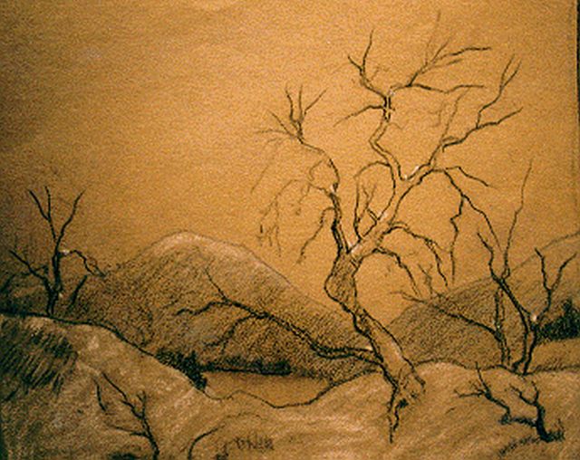 Dooijewaard J.  | A winter landscape, chalk on paper 17.5 x 20.5 cm, signed l.l.