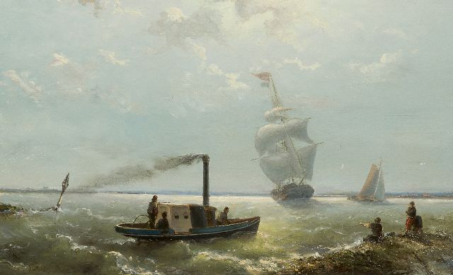 Nicolaas Riegen | A steamer along the coastline, oil on panel, 24.9 x 40.0 cm, signed l.l.