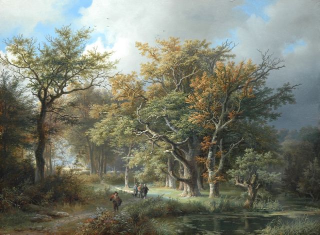 Haanen R.A.  | A forest landscape with country-people and hunters, oil on panel 42.2 x 57.1 cm