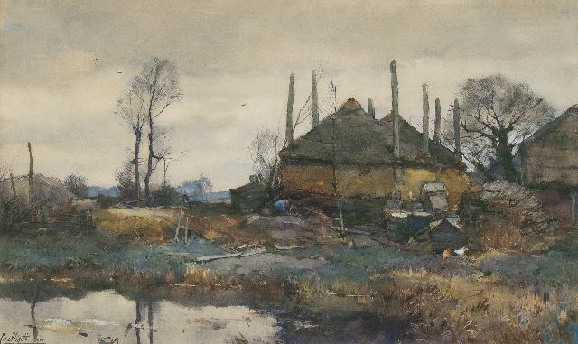 Windt Ch. van der | A farm on the waterfront, watercolour and gouache on paper 42.3 x 70.2 cm, signed l.l. and painted 1906