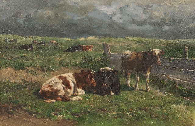 Haas J.H.L. de | Resting cattle in a meadow, oil on panel 31.3 x 47.1 cm, signed l.r.