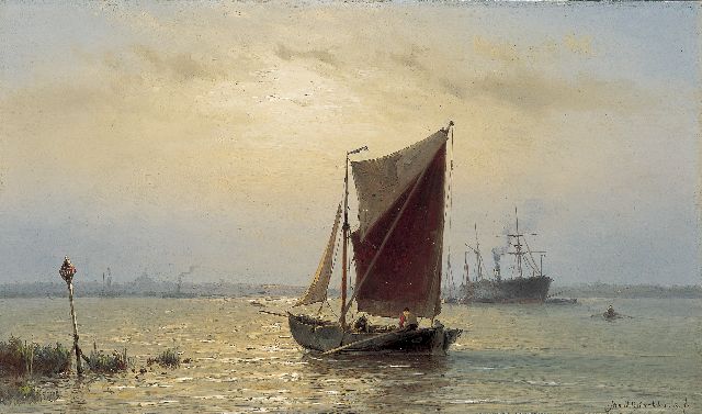 Jan H.B. Koekkoek | Shipping on the river Maas near Rotterdam, oil on panel, 24.9 x 42.2 cm, signed l.r.