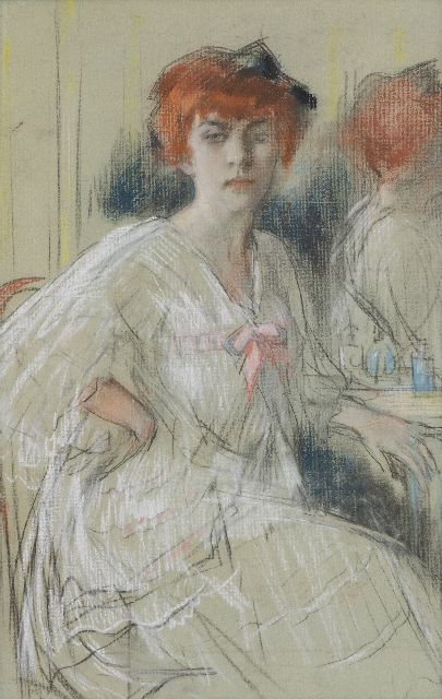 Salomon Garf | Young woman sitting at her dressing table, pastel on paper, 59.9 x 38.5 cm