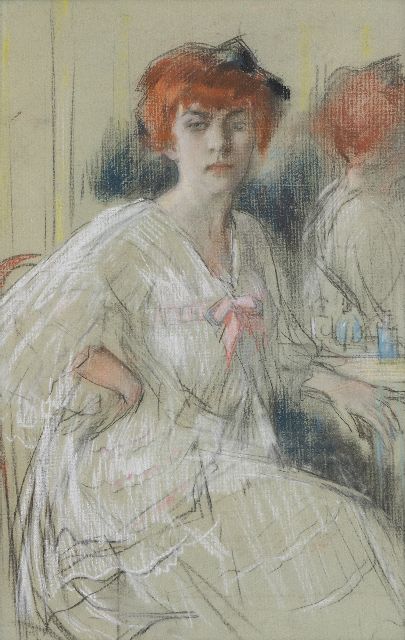 Salomon Garf | Young woman sitting at her dressing table, pastel on paper, 59.9 x 38.5 cm