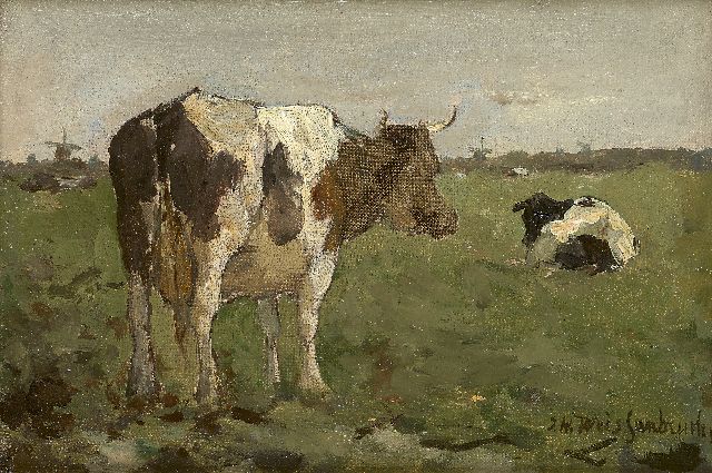 Weissenbruch H.J.  | Cows in a polder landscape, oil on canvas laid down on panel 14.0 x 20.5 cm, signed l.r.