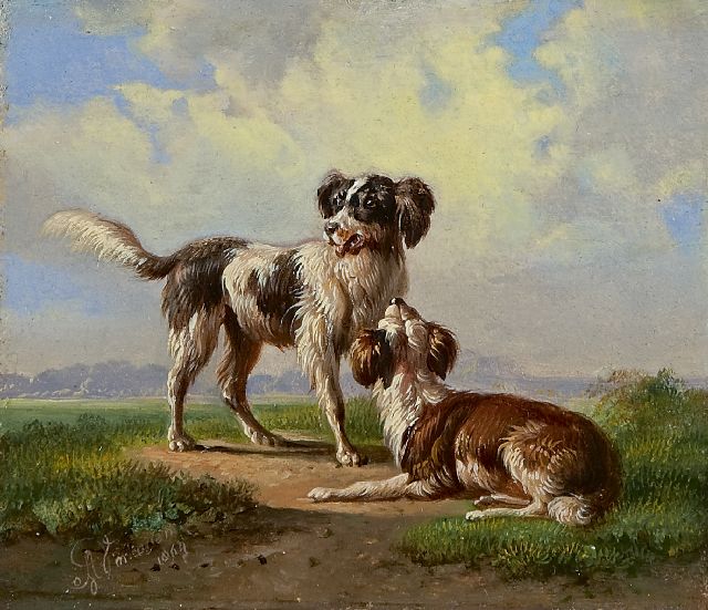 Verhoesen A.  | Two hounds in a landscape, oil on panel 10.8 x 12.4 cm, signed l.l. and dated 1864