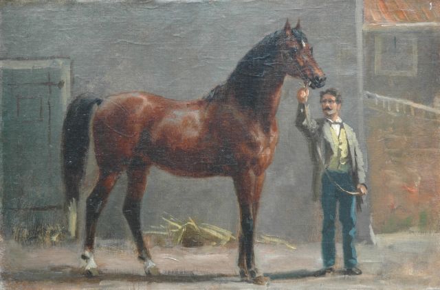 Otto Eerelman | A thoroughbred with his groom in the stable, oil on canvas laid down on panel, 35.0 x 52.0 cm