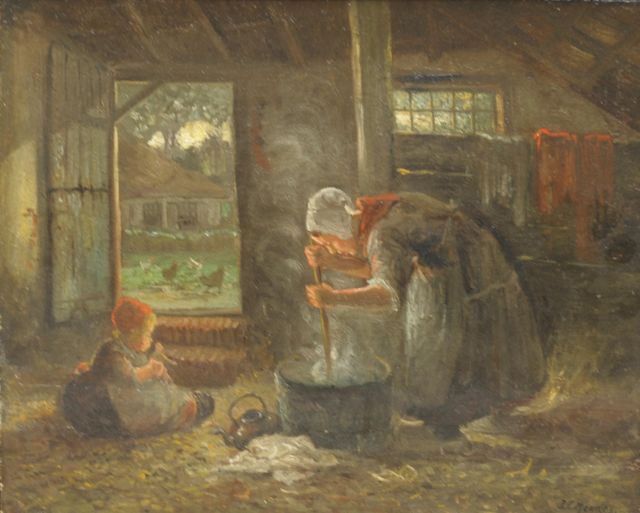 Mendes J.E.  | Woman stirring, oil on panel 33.6 x 41.5 cm, signed l.r.