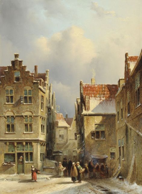 Petrus Gerardus Vertin | A Dutch streetscene, in winter, oil on panel, 32.9 x 24.7 cm, signed l.r. and dated '56