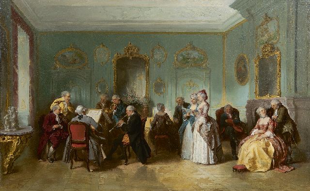 Herman ten Kate | A musical evening, oil on panel, 45.0 x 71.5 cm, signed l.l.