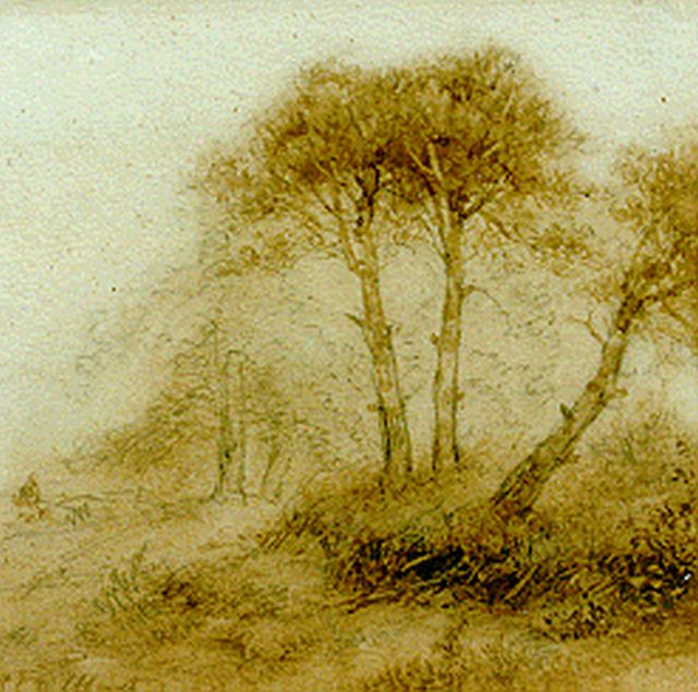 Schelfhout A.  | A figure on a forest-path, sepia on paper 16.3 x 16.7 cm, signed l.l.