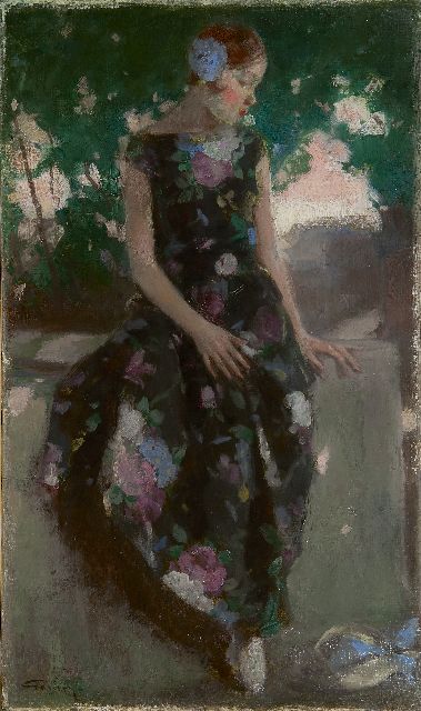 Gonin J.F.  | A young woman sitting on a terrace wall, oil on canvas 66.1 x 39.3 cm, signed l.l.