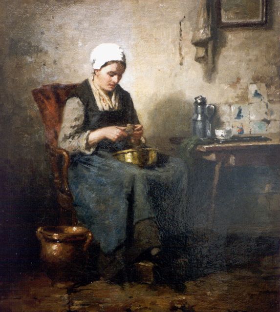 Johannes Weiland | Peeling potatoes, oil on canvas, 39.8 x 34.5 cm, signed l.l.