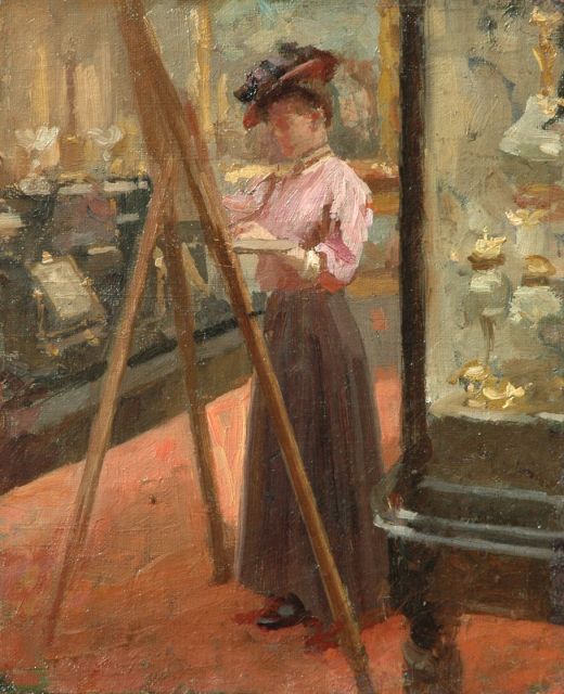 Hollandse School, eind 19e eeuw/begin 20e eeuw   | Geertruida Altingh Mees, painting in the Bonneterie, Amsterdam, oil on canvas 28.0 x 22.9 cm, te dateren ca. 1900