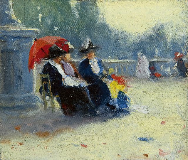 Walter Castle Keith | Friends in the Jardin du Luxembourg, oil on canvas laid down on panel, 9.8 x 11.4 cm, signed on the reverse and dated 1911 on the reverse