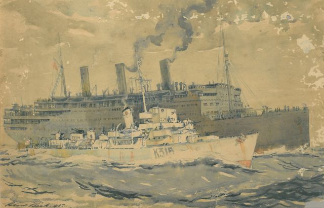 Robert Trenaman Back | Passenger and navy vessel at sea, watercolour on paper, 22.0 x 33.8 cm, signed l.l. and dated '45, without frame