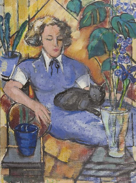 Louis Saalborn | Woman with a cat, oil on canvas, 120.8 x 90.4 cm, signed l.m. with initials and dated '50