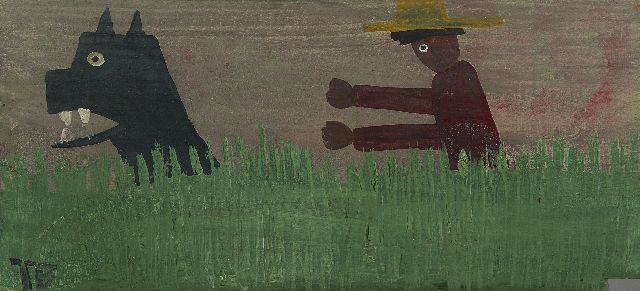 Tim Brown | Man and dog, oil on panel, 28.4 x 61.1 cm, signed l.l. with initials and painted 1960-1970
