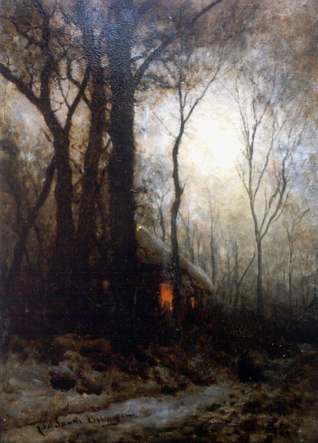 Sande Bakhuyzen J.J. van de | A forest landscape in winter, oil on canvas laid down on panel 35.0 x 25.5 cm, signed l.l.