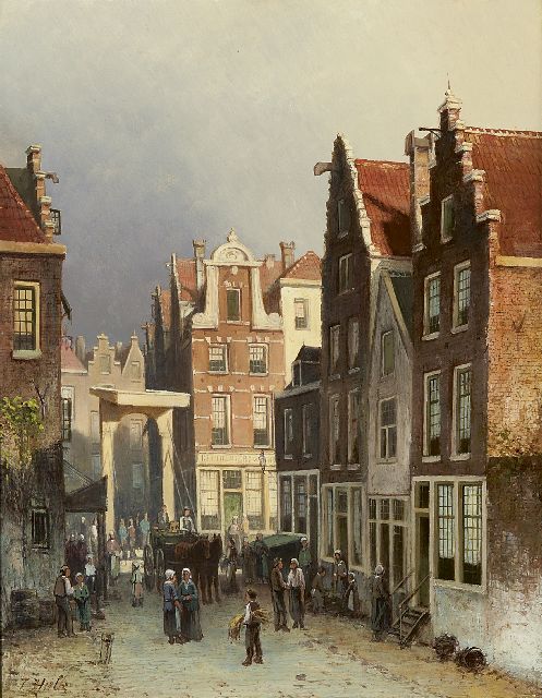 Hulk sr. J.F.  | A Dutch town view with a drawbridge, oil on panel 45.9 x 35.7 cm, signed l.l.