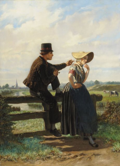 Dillens A.A.  | The flirtation, oil on panel 72.7 x 53.5 cm, signed l.c. and dated 1858