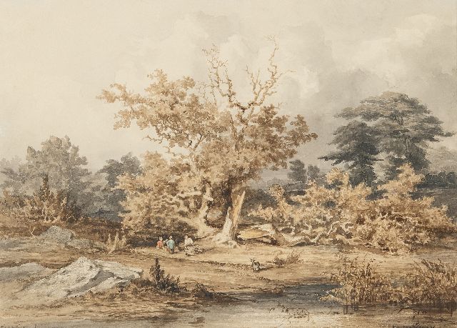 Kuytenbrouwer II M.A.  | View of a pond in Fontainebleau forest, brown ink, black chalk and watercolour on paper 24.6 x 34.0 cm, signed l.r.