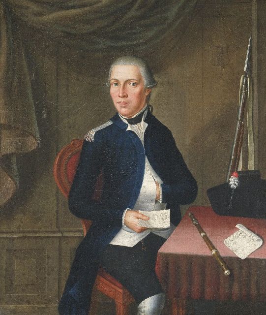 Fargue van Nieuwland I.L. la | An Amsterdam patriot holding 'de Post van den Neder-Rhijn', oil on canvas 48.1 x 41.3 cm, dated 1788