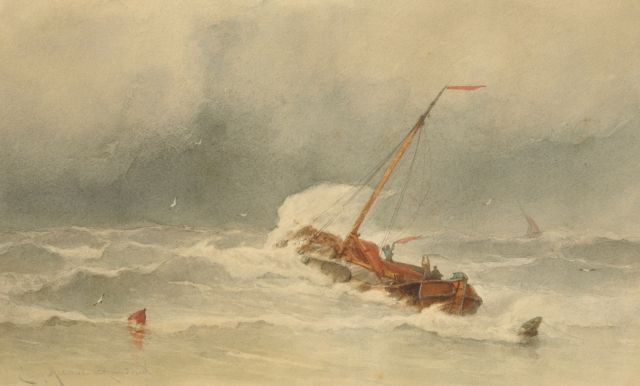 Heemskerck van Beest J.E. van | Barge in stormy weather, watercolour on paper 35.9 x 59.6 cm, signed l.l.