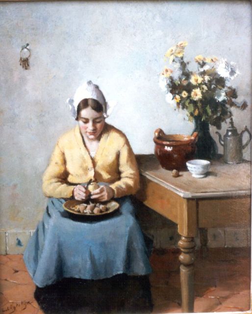 Ligtelijn E.J.  | Peeling potatoes, oil on panel 30.0 x 24.5 cm, signed signed l.l.