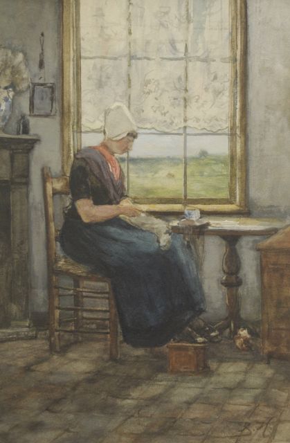 Hollandse School, 19e eeuw | A farmer's wife from Walcheren in an interior, watercolour on paper, 38.7 x 25.4 cm, signed l.r. with initials