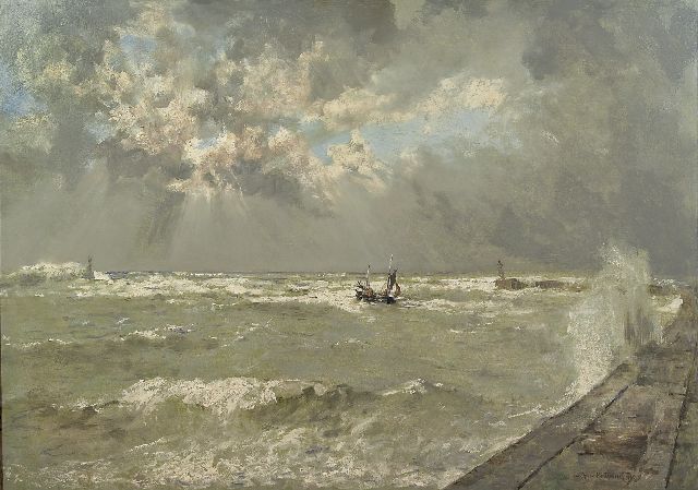 Johan Hendrik van Mastenbroek | A lugger in choppy waters, Scheveningen harbour, oil on canvas, 70.3 x 100.1 cm, signed l.r. and dated 1936