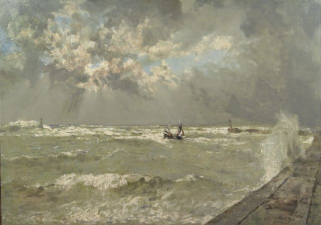 Mastenbroek J.H. van | A lugger in choppy waters, Scheveningen harbour, oil on canvas 70.3 x 100.1 cm, signed l.r. and dated 1936