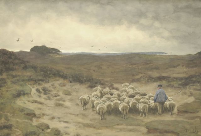 Hamel W.  | Shepherd and his flock, watercolour on paper 54.1 x 76.5 cm, signed l.r.
