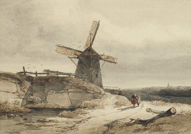 Roelofs W.  | A windmill in a hilly landscape, ink and watercolour on paper 19.9 x 28.0 cm, signed l.r. and dated 1847