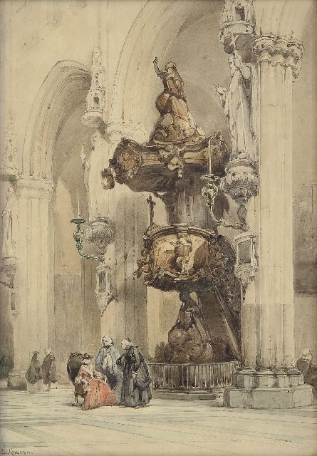 Johannes Bosboom | In the Onze Lieve Vrouwekerk, Bruges, watercolour on paper, 38.1 x 27.4 cm, signed l.l.