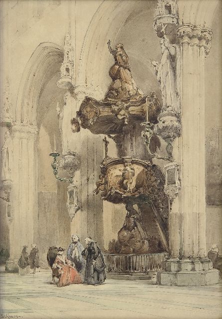 Bosboom J.  | In the Onze Lieve Vrouwekerk, Bruges, watercolour on paper 38.1 x 27.4 cm, signed l.l.