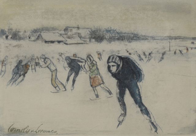 Leeuwen C.G. van | Skaters on the ice, chalk, ink and gouache on paper 14.3 x 20.1 cm, signed l.l.
