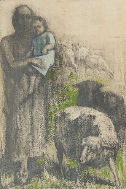 Bautz D.  | A shepherd with a child, pastel on paper 47.6 x 32.2 cm, signed l.r.