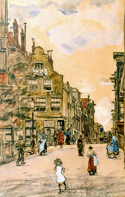 Bobeldijk F.  | Figures on a street, Amsterdam, mixed media on paper 41.0 x 27.5 cm, signed l.l.