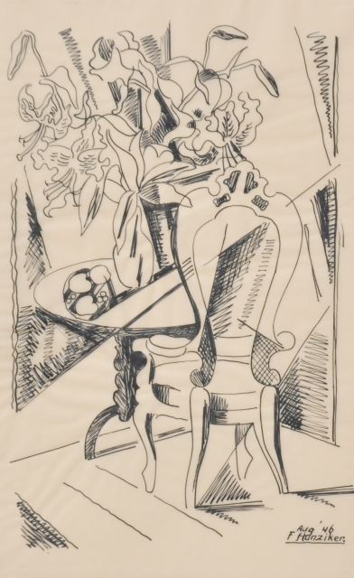 Frieda Hunziker | A still life with flowers on a table and a chair, pen and ink on archment, 33.4 x 23.5 cm, signed l.r. and dated Aug '46