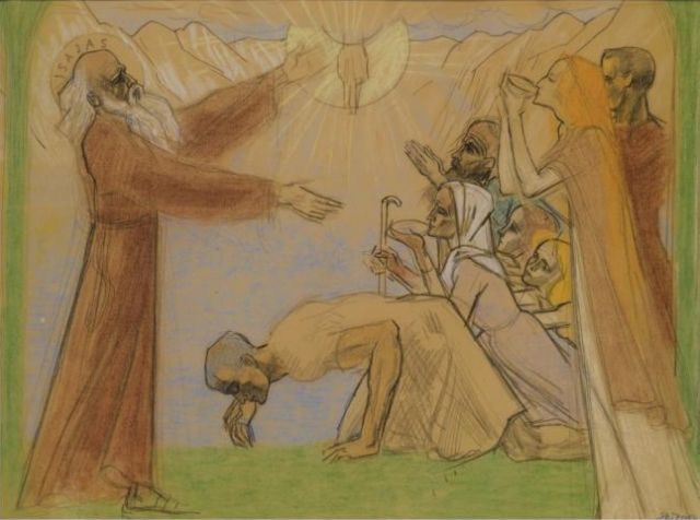 Toorop J.Th.  | The calling of Isaiah, coloured chalk on paper 43.5 x 58.0 cm, signed l.r. and dated 1914