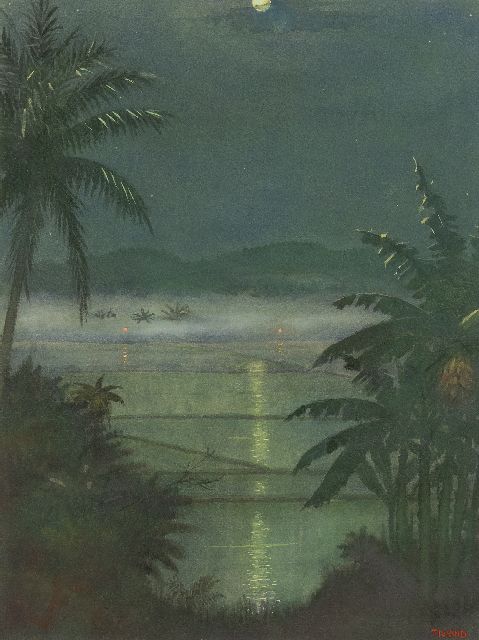 Tieland H.H.L.  | Moon evening in the Preanger, Java, watercolour on paper 48.0 x 36.4 cm, signed l.r.