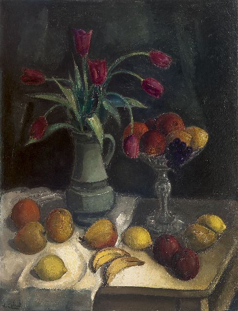 Colnot A.J.G.  | A still life with fruit and tulips on a table, oil on canvas 92.2 x 70.4 cm, signed l.l.