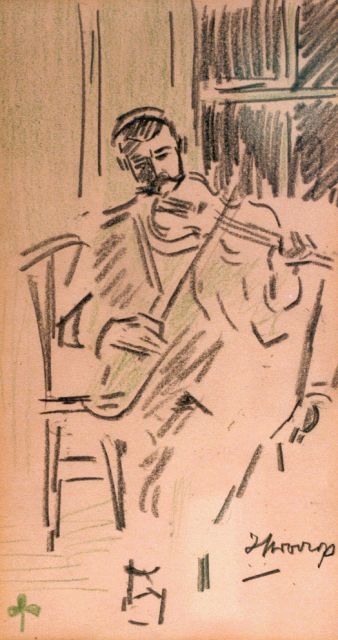 Toorop J.Th.  | Playing the violin, chalk on paper 22.5 x 13.0 cm, signed l.r.