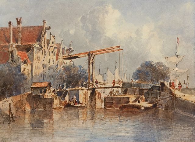 Waldorp A.  | A view of a Dutch town with a lock, watercolour on paper 16.9 x 23.0 cm, signed c.l.