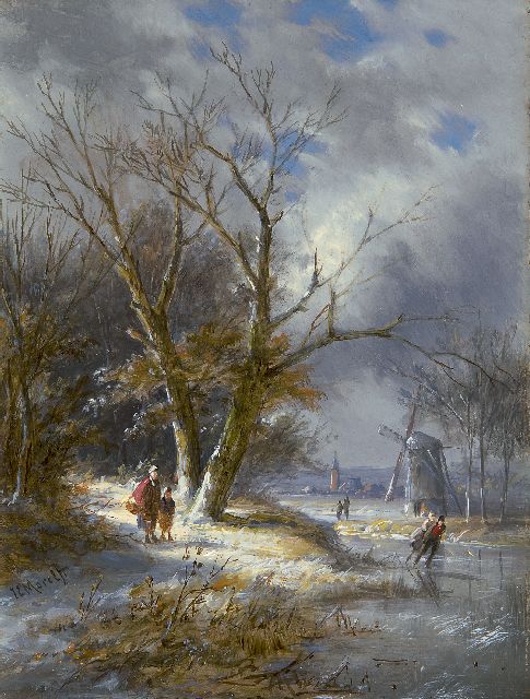 Morel II J.E.  | Skaters and land folk in a winter landscape, oil on panel 20.6 x 15.6 cm, signed l.l.